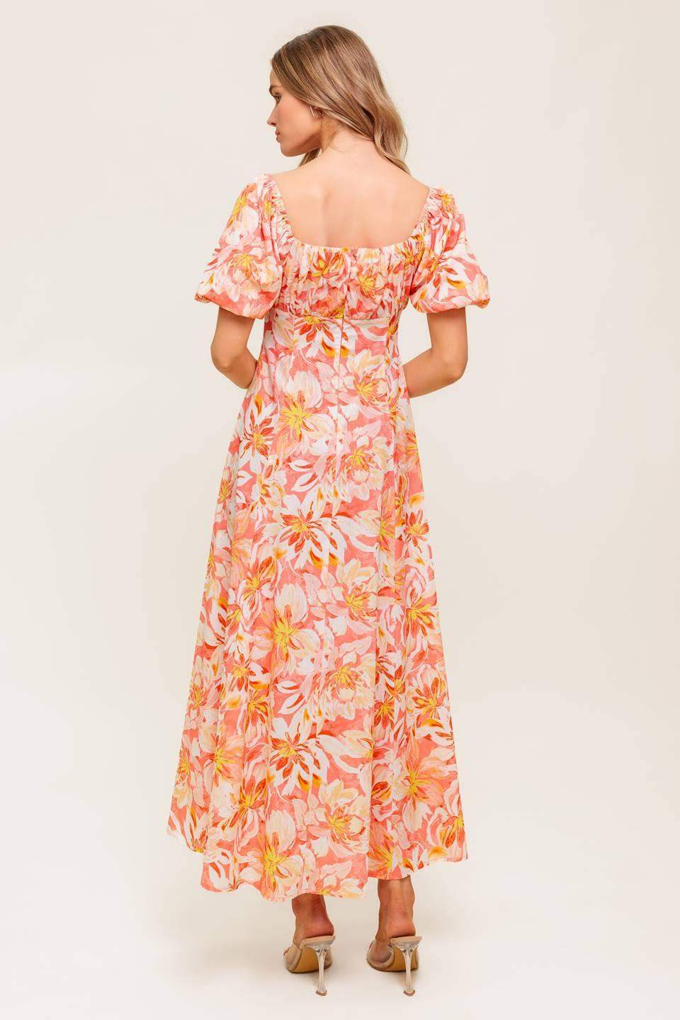 OCEAN FLORALS CORAL WOVEN MIDI DRESS - Flying Tomato - Flyclothing LLC
