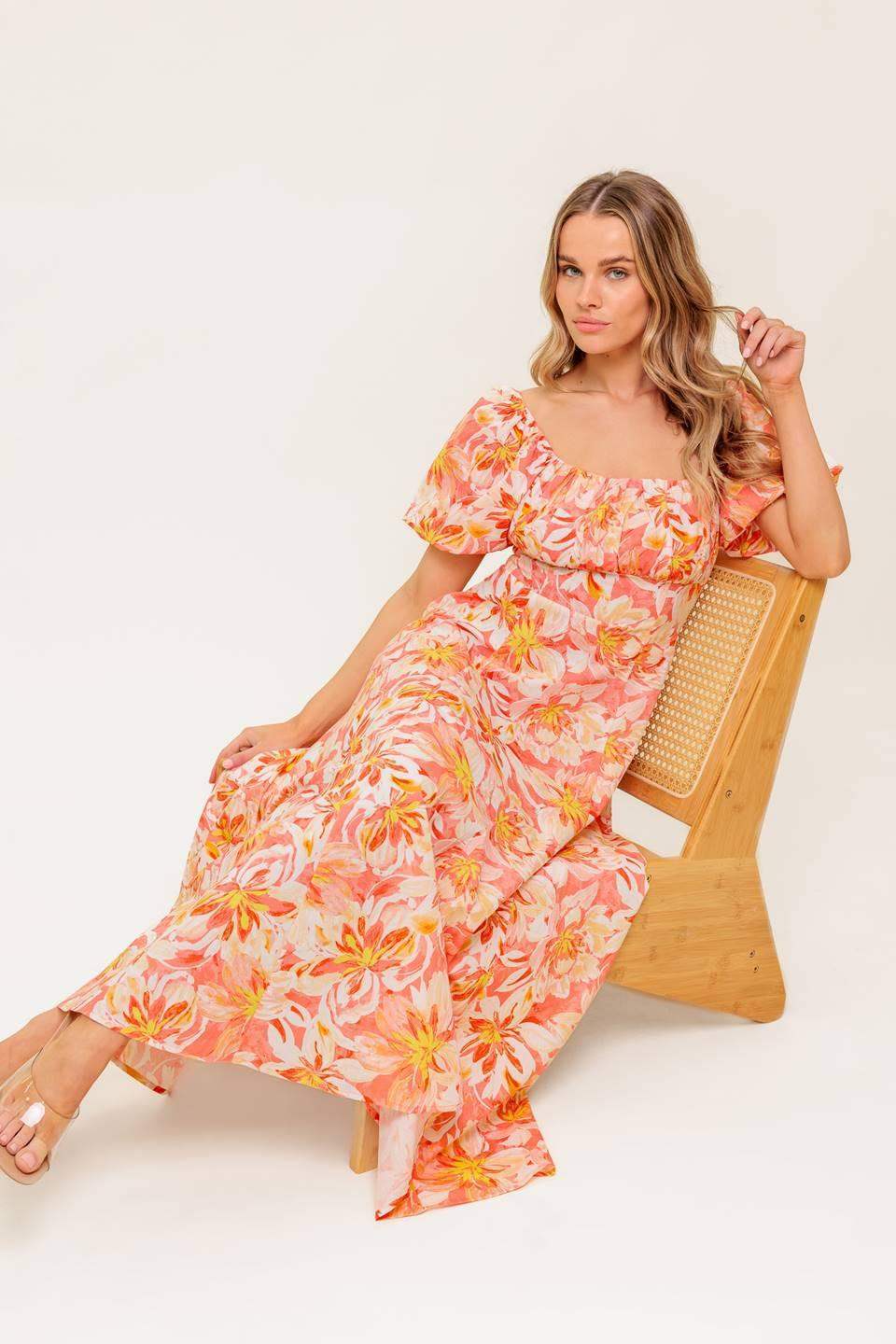 OCEAN FLORALS CORAL WOVEN MIDI DRESS - Flying Tomato - Flyclothing LLC