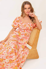 OCEAN FLORALS CORAL WOVEN MIDI DRESS - Flying Tomato - Flyclothing LLC