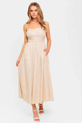 HONEY SUNSET CREAM WOVEN MIDI DRESS - Flying Tomato - Flyclothing LLC