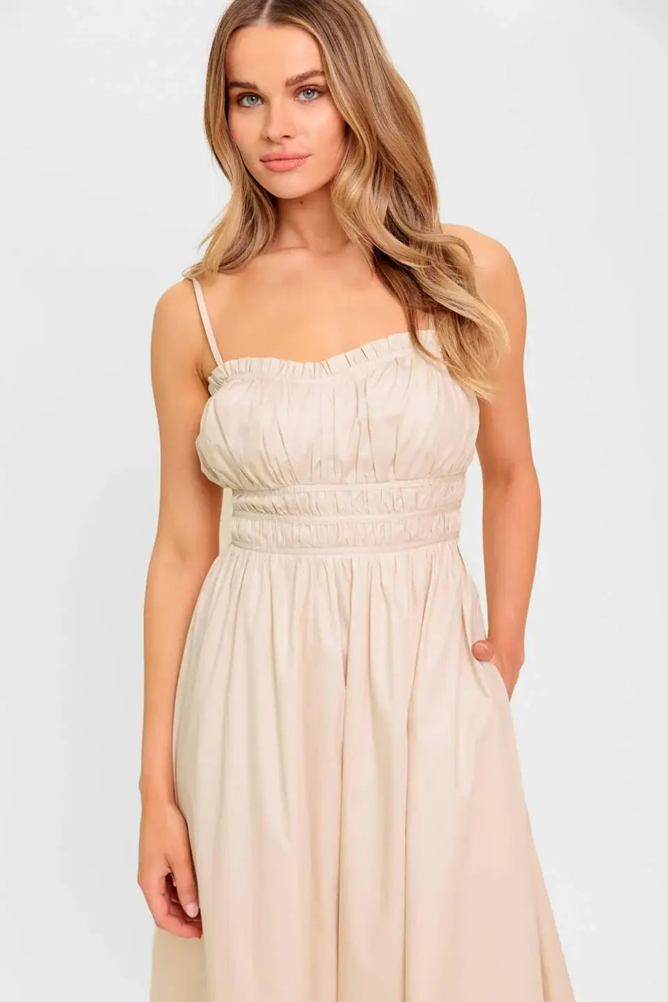 HONEY SUNSET CREAM WOVEN MIDI DRESS - Flying Tomato - Flyclothing LLC