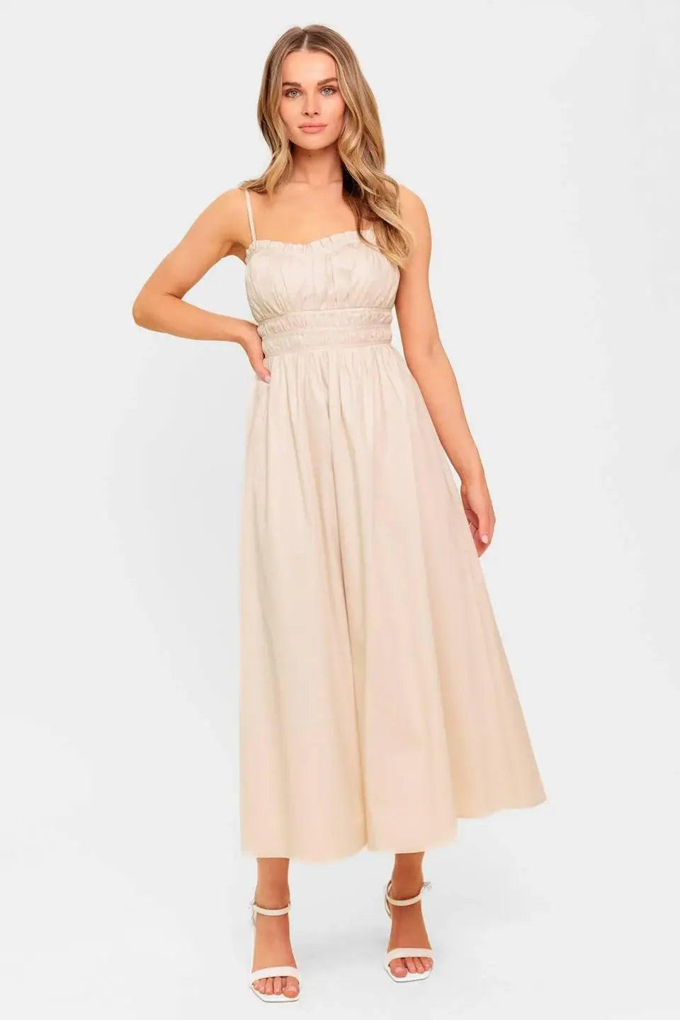 HONEY SUNSET CREAM WOVEN MIDI DRESS - Flying Tomato - Flyclothing LLC