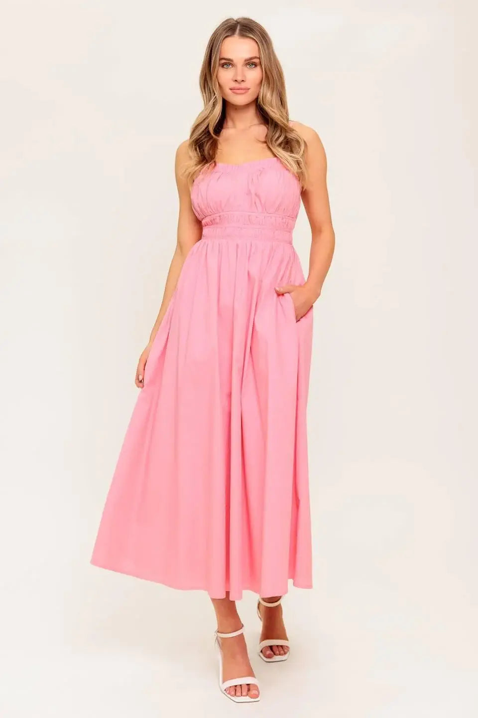 HONEY SUNSET PINK WOVEN MIDI DRESS - Flying Tomato - Flyclothing LLC