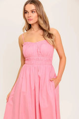 HONEY SUNSET PINK WOVEN MIDI DRESS - Flying Tomato - Flyclothing LLC