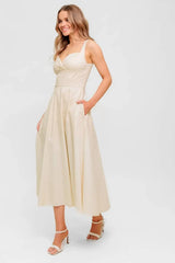 OCEAN SHEEN TENDER CREAM WOVEN MIDI DRESS - Flying Tomato - Flyclothing LLC