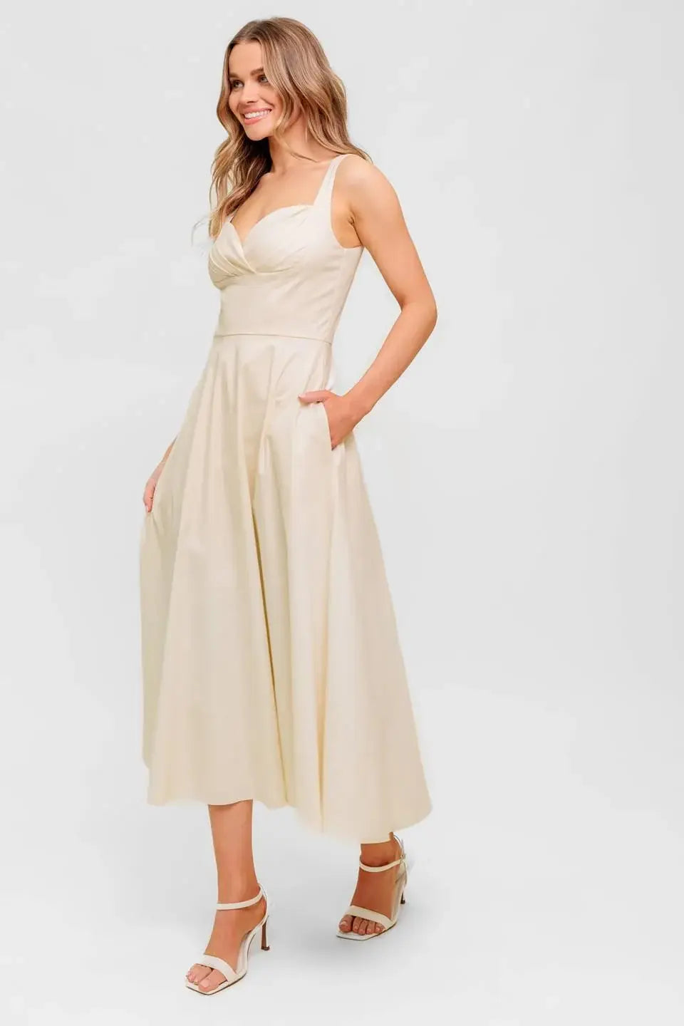 OCEAN SHEEN TENDER CREAM WOVEN MIDI DRESS - Flying Tomato - Flyclothing LLC