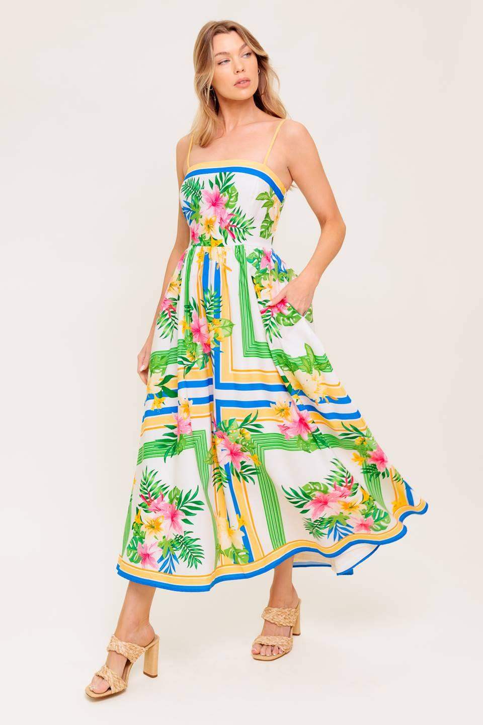 FLORAL HARMONY WOVEN MIDI DRESS - Flying Tomato - Flyclothing LLC