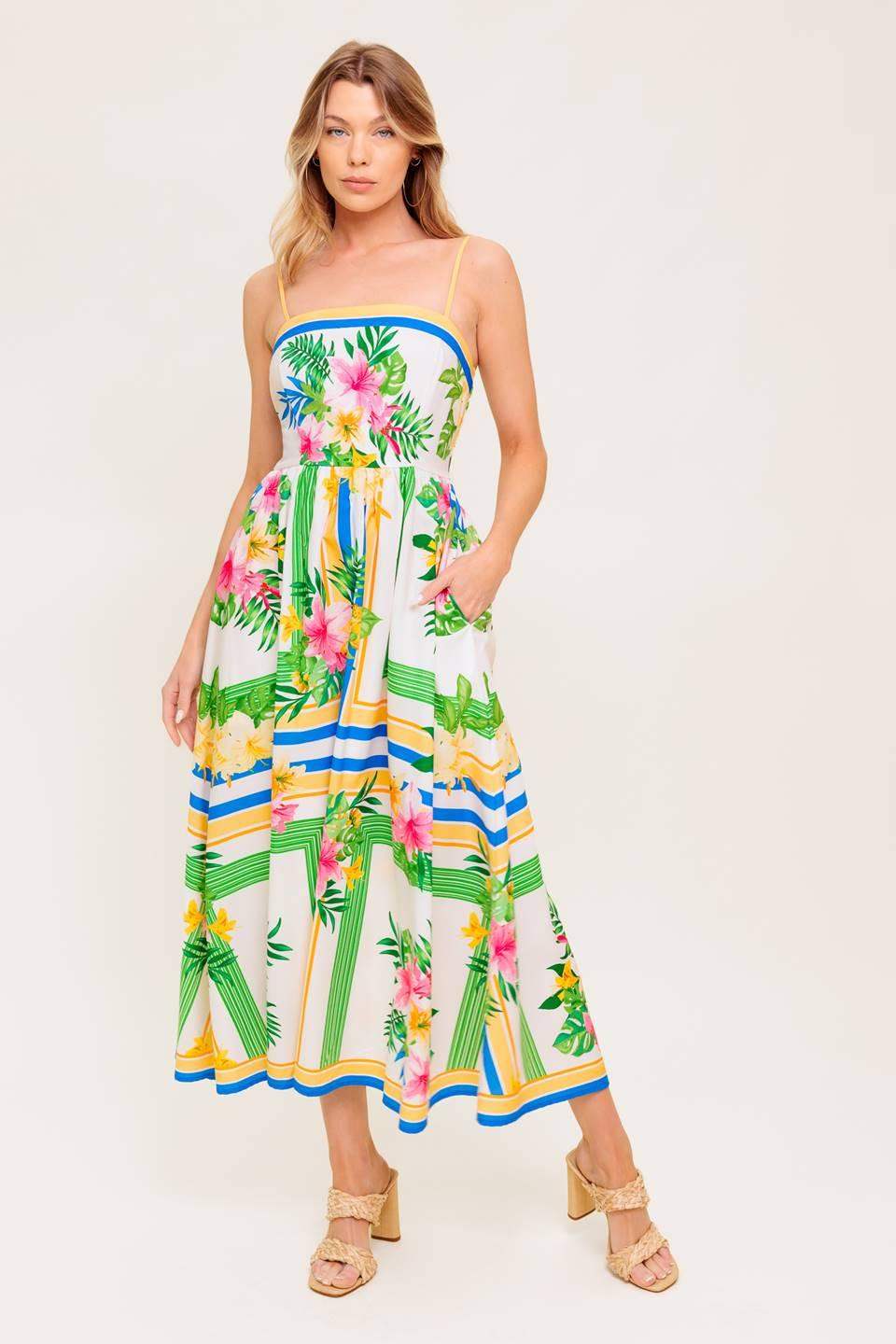 FLORAL HARMONY WOVEN MIDI DRESS - Flying Tomato - Flyclothing LLC