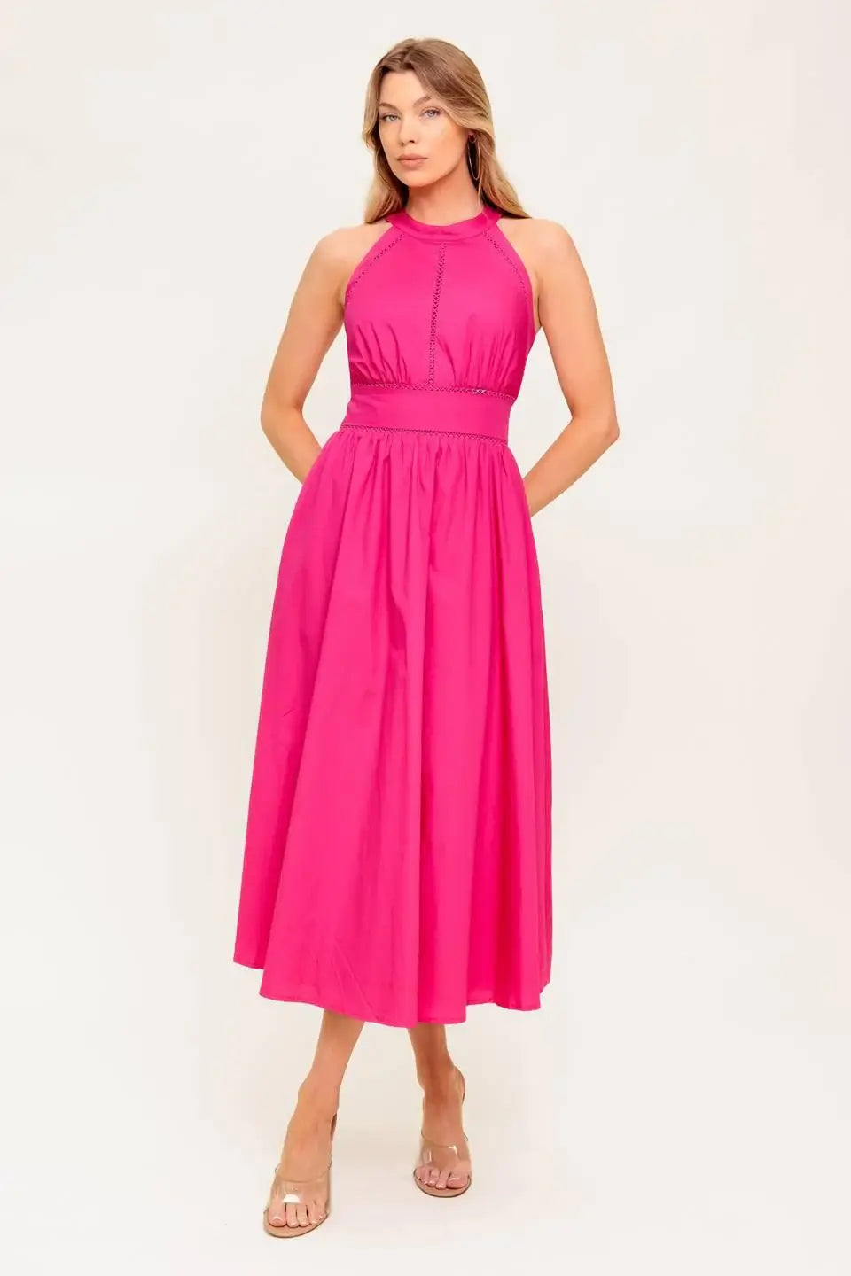 PEONY TOUCH FUCHSIA WOVEN MIDI DRESS - Flying Tomato - Flyclothing LLC