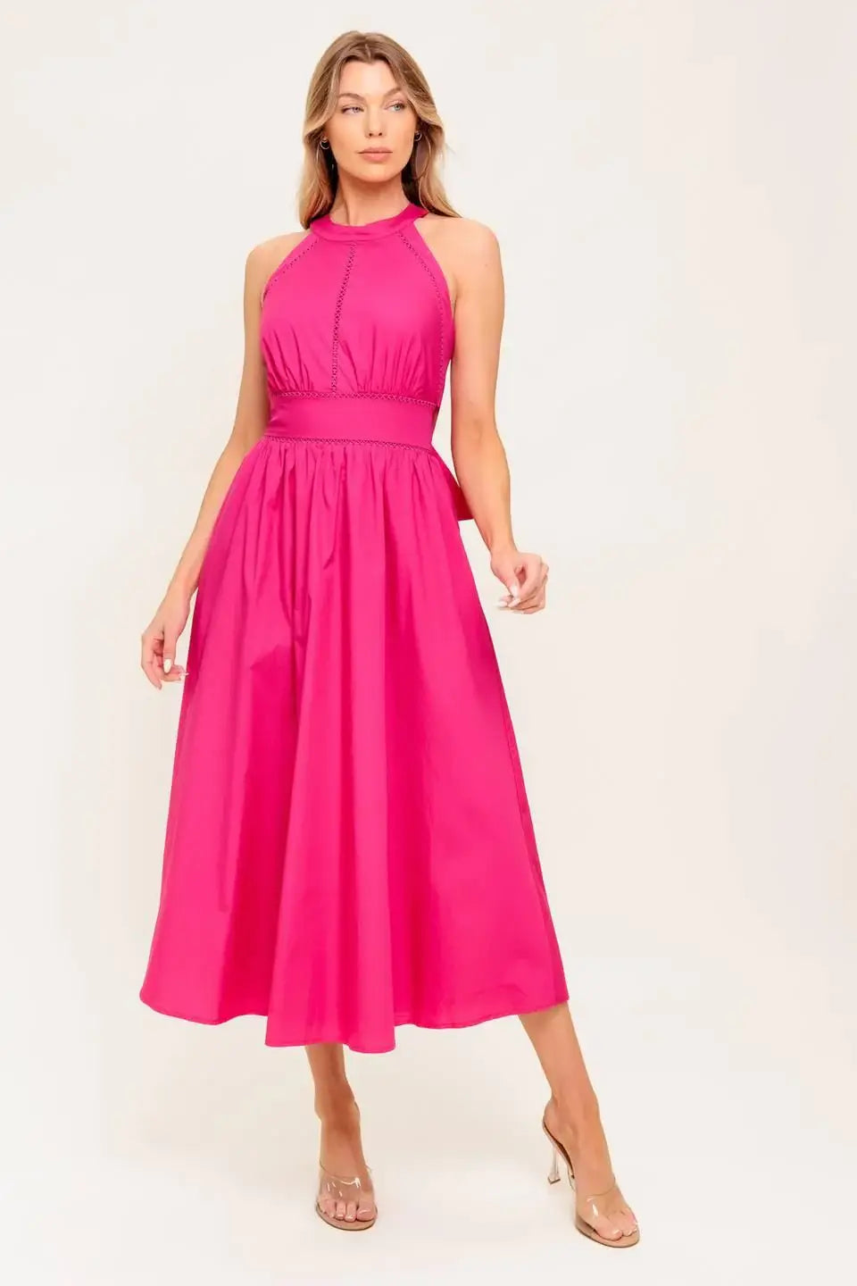 PEONY TOUCH FUCHSIA WOVEN MIDI DRESS - Flying Tomato - Flyclothing LLC