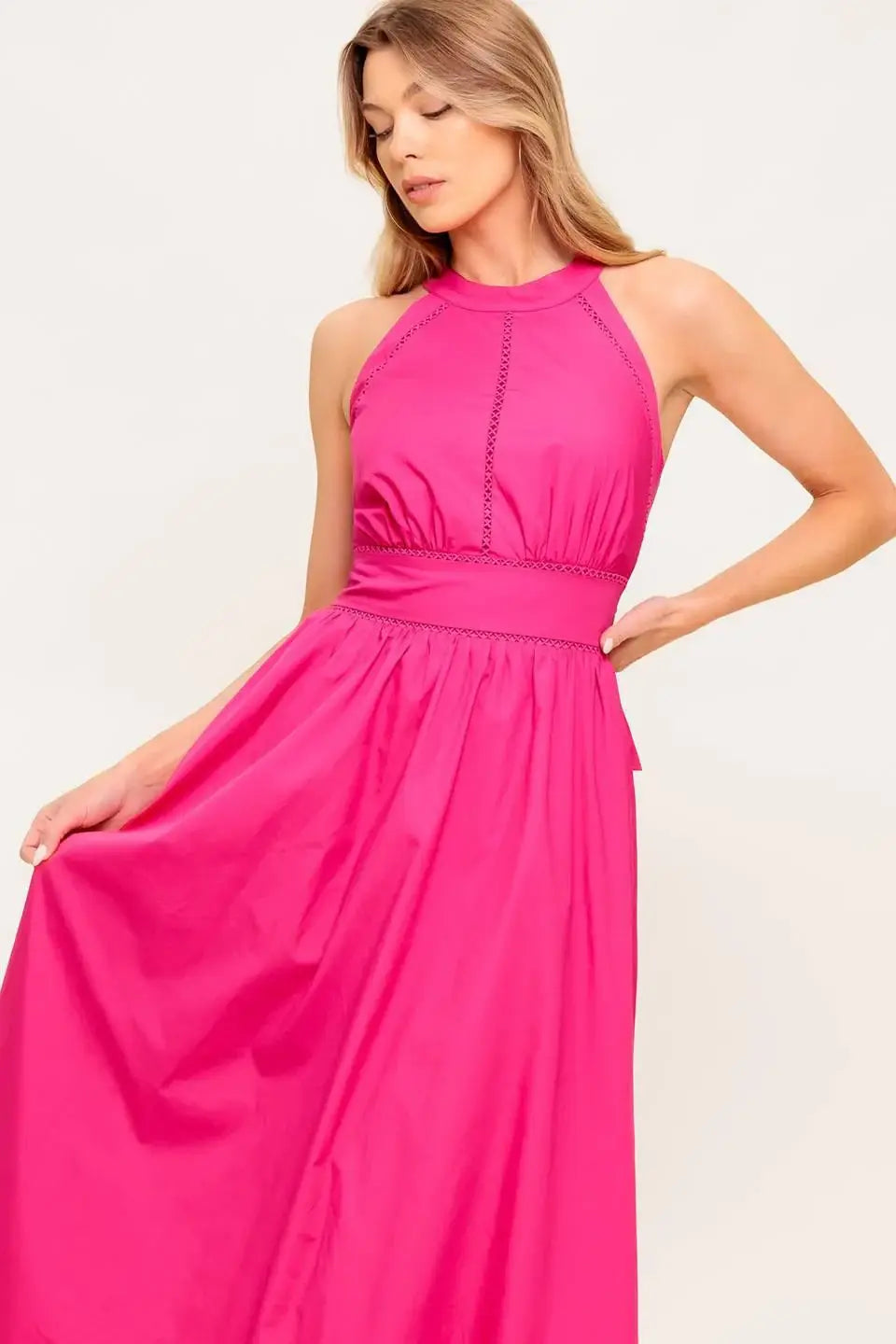 PEONY TOUCH FUCHSIA WOVEN MIDI DRESS - Flying Tomato - Flyclothing LLC