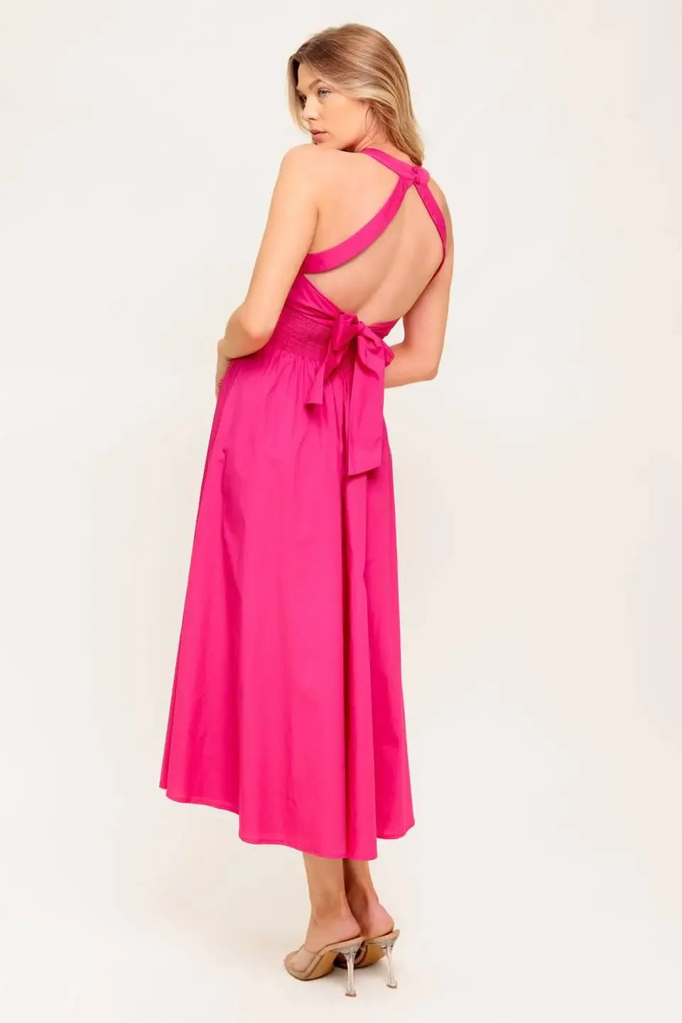 PEONY TOUCH FUCHSIA WOVEN MIDI DRESS - Flying Tomato - Flyclothing LLC