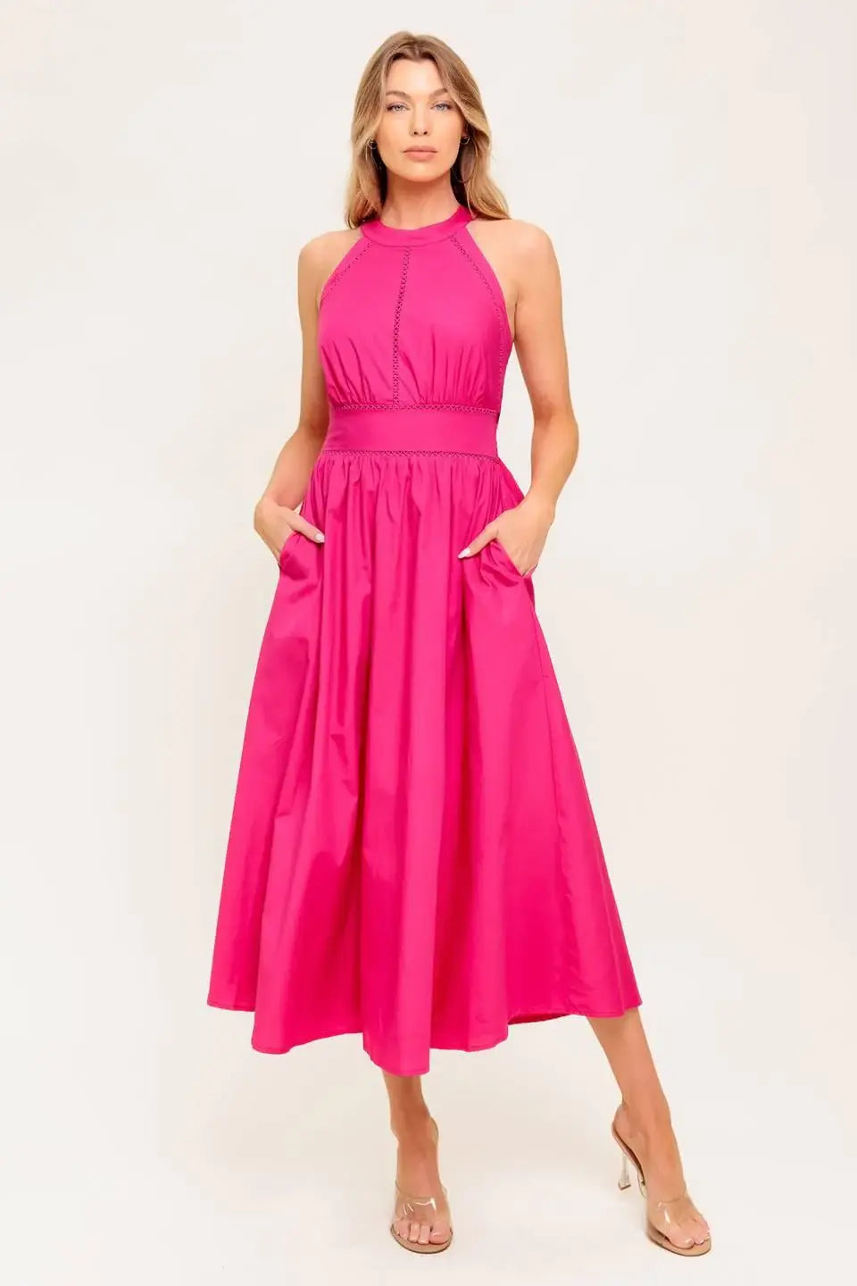 PEONY TOUCH FUCHSIA WOVEN MIDI DRESS - Flying Tomato - Flyclothing LLC