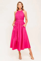 PEONY TOUCH FUCHSIA WOVEN MIDI DRESS - Flying Tomato - Flyclothing LLC