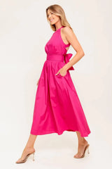 PEONY TOUCH FUCHSIA WOVEN MIDI DRESS - Flying Tomato - Flyclothing LLC