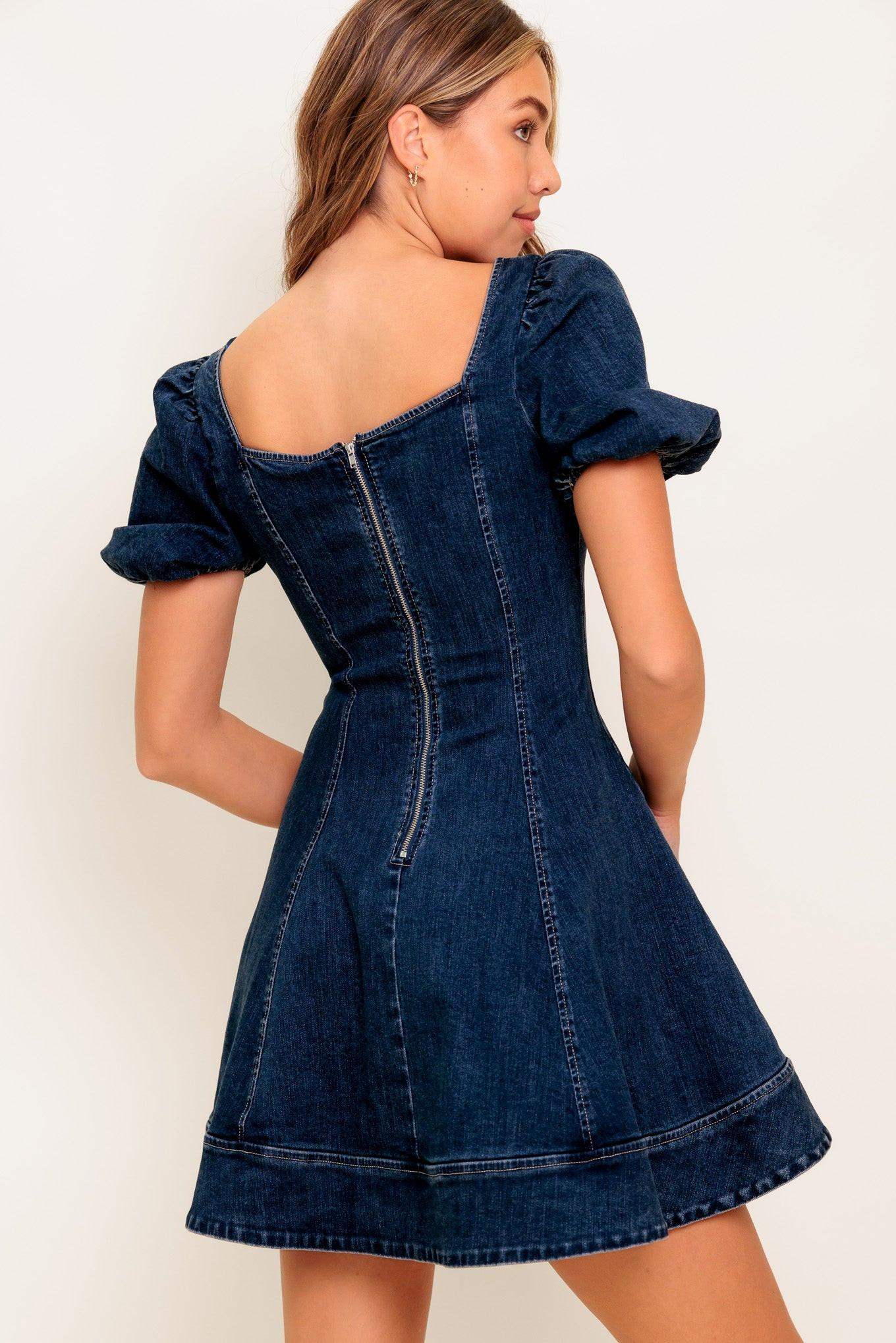 DARK MIDNIGHT DENIM MINI DRESS - Flying Tomato - Flyclothing LLC