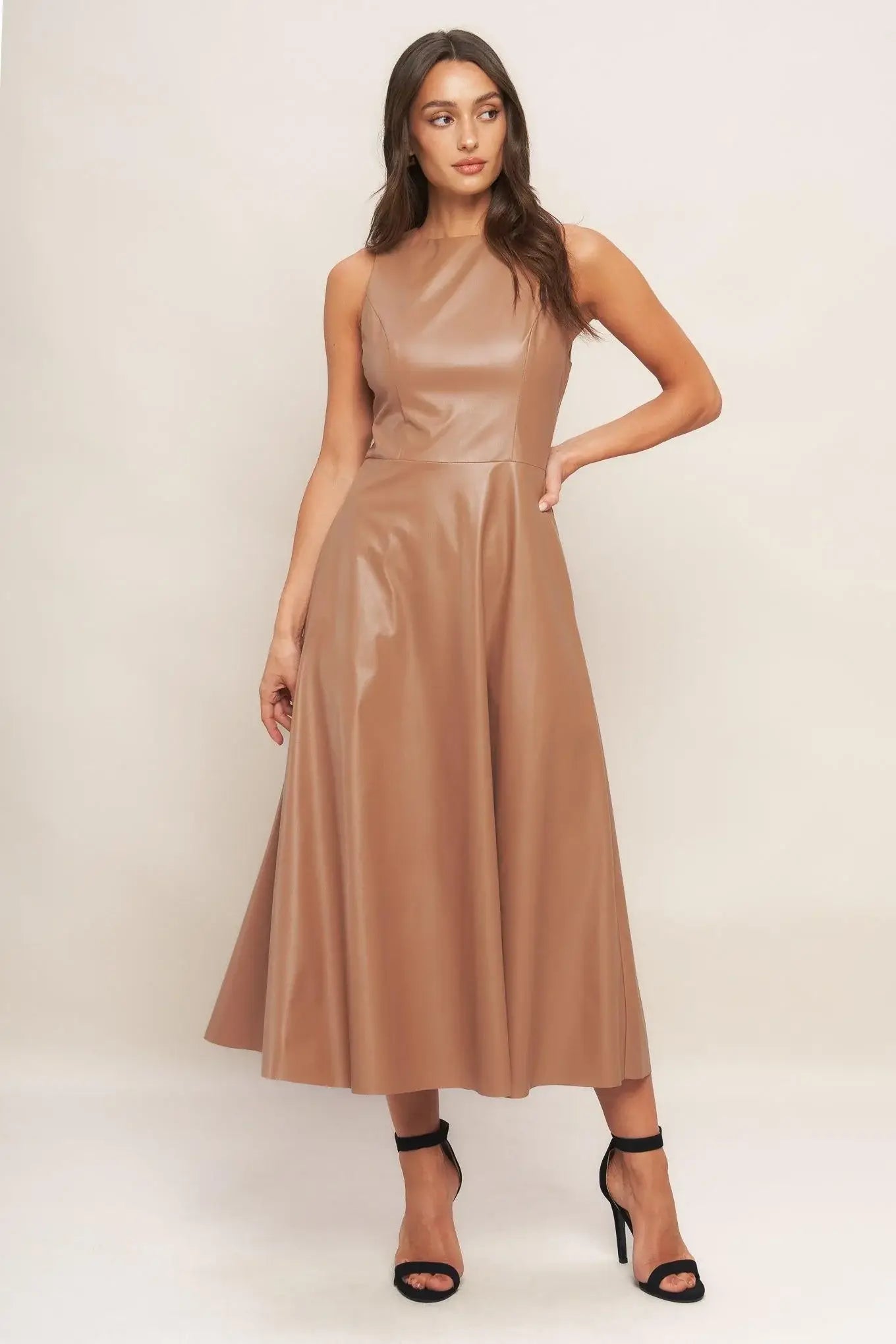 BARE SOPHISTIQUE FAUX LEATHER MIDI DRESS - Flying Tomato - Flyclothing LLC