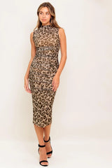 WILD INSTINCT LEOPARD POWER MESH MIDI DRESS - Flying Tomato - Flyclothing LLC