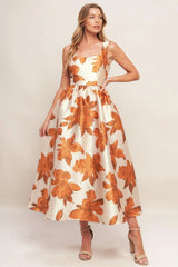 AUTUMNAL FLORAL WOVEN MIDI DRESS - Flying Tomato - Flyclothing LLC