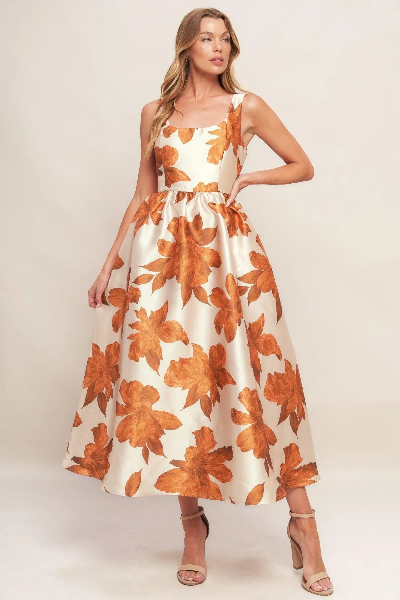 AUTUMNAL FLORAL WOVEN MIDI DRESS - Flying Tomato - Flyclothing LLC