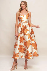 AUTUMNAL FLORAL WOVEN MIDI DRESS - Flying Tomato - Flyclothing LLC