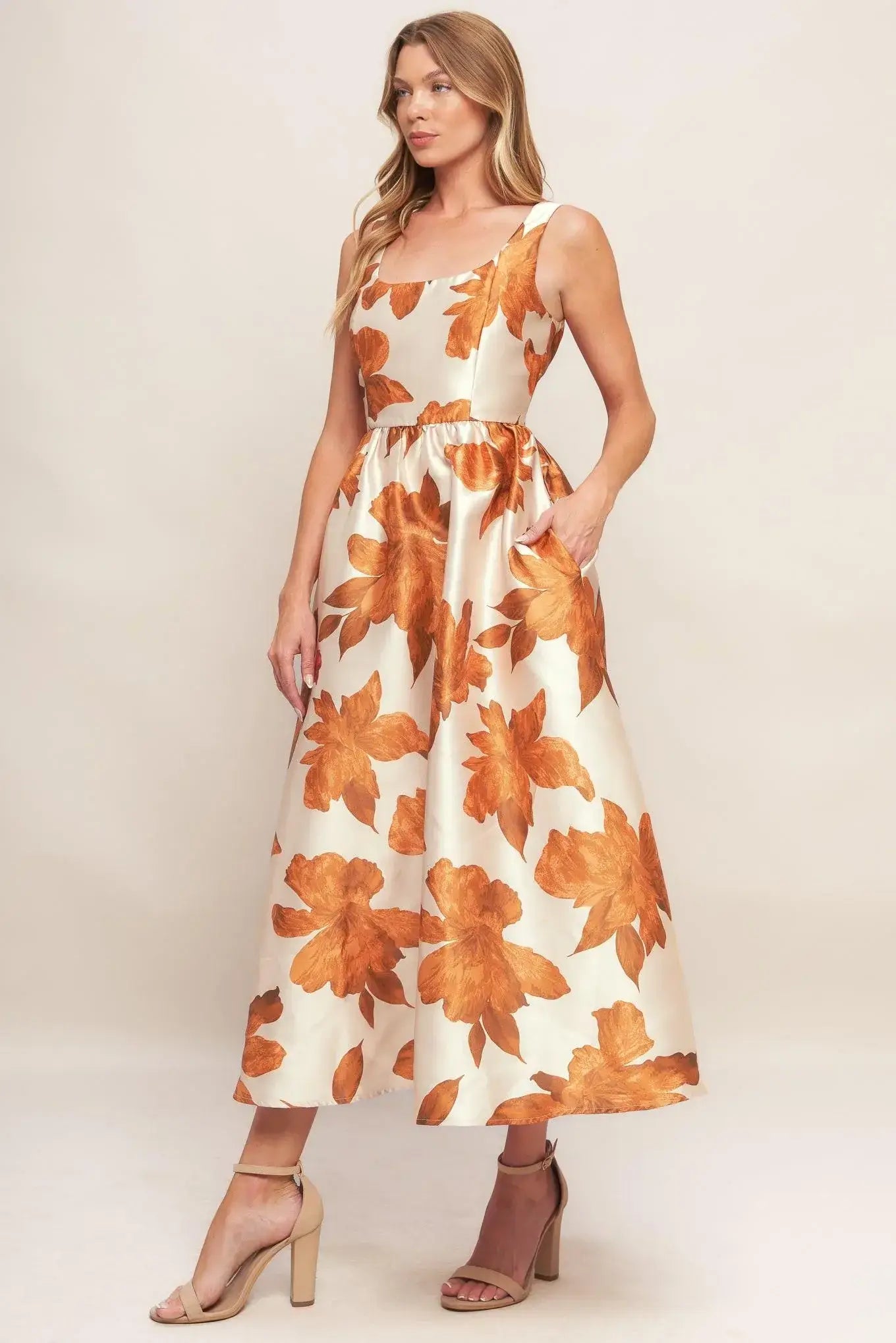 AUTUMNAL FLORAL WOVEN MIDI DRESS - Flying Tomato - Flyclothing LLC