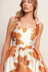 AUTUMNAL FLORAL WOVEN MIDI DRESS - Flying Tomato - Flyclothing LLC