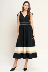 FOREST CHARM BLACK CREAM WOVEN MIDI DRESS - Flying Tomato - Flyclothing LLC