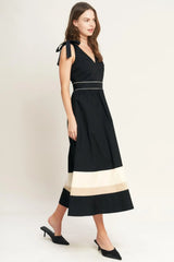 FOREST CHARM BLACK CREAM WOVEN MIDI DRESS - Flying Tomato - Flyclothing LLC