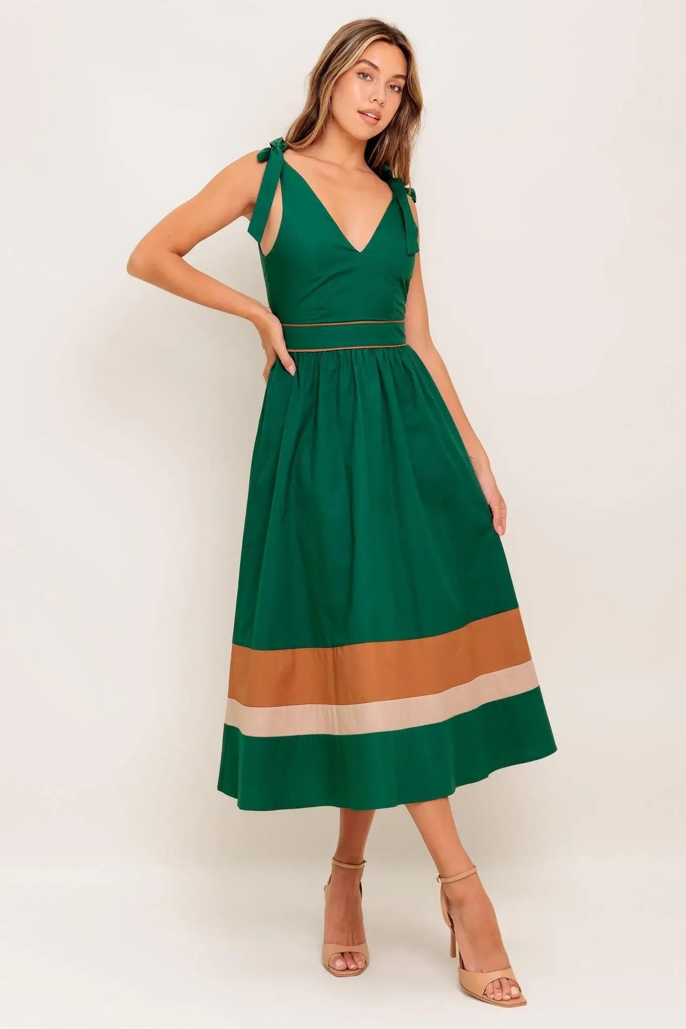 FOREST CHARM WOVEN COLOR BLOCKED MIDI DRESS - Flying Tomato - Flyclothing LLC