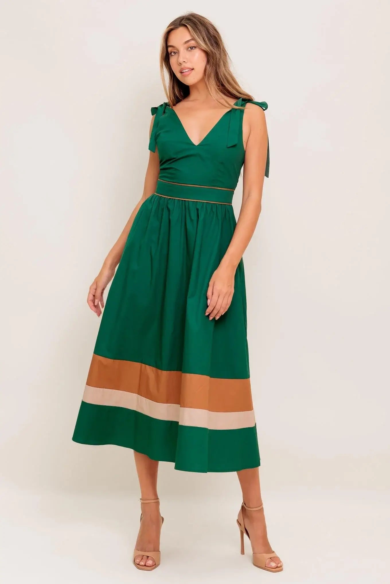FOREST CHARM WOVEN COLOR BLOCKED MIDI DRESS - Flying Tomato - Flyclothing LLC