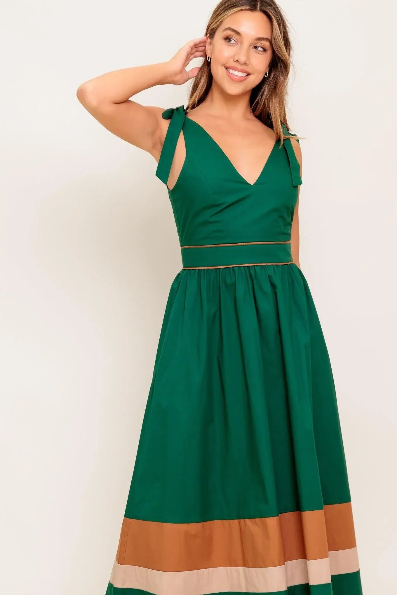 FOREST CHARM WOVEN COLOR BLOCKED MIDI DRESS - Flying Tomato - Flyclothing LLC