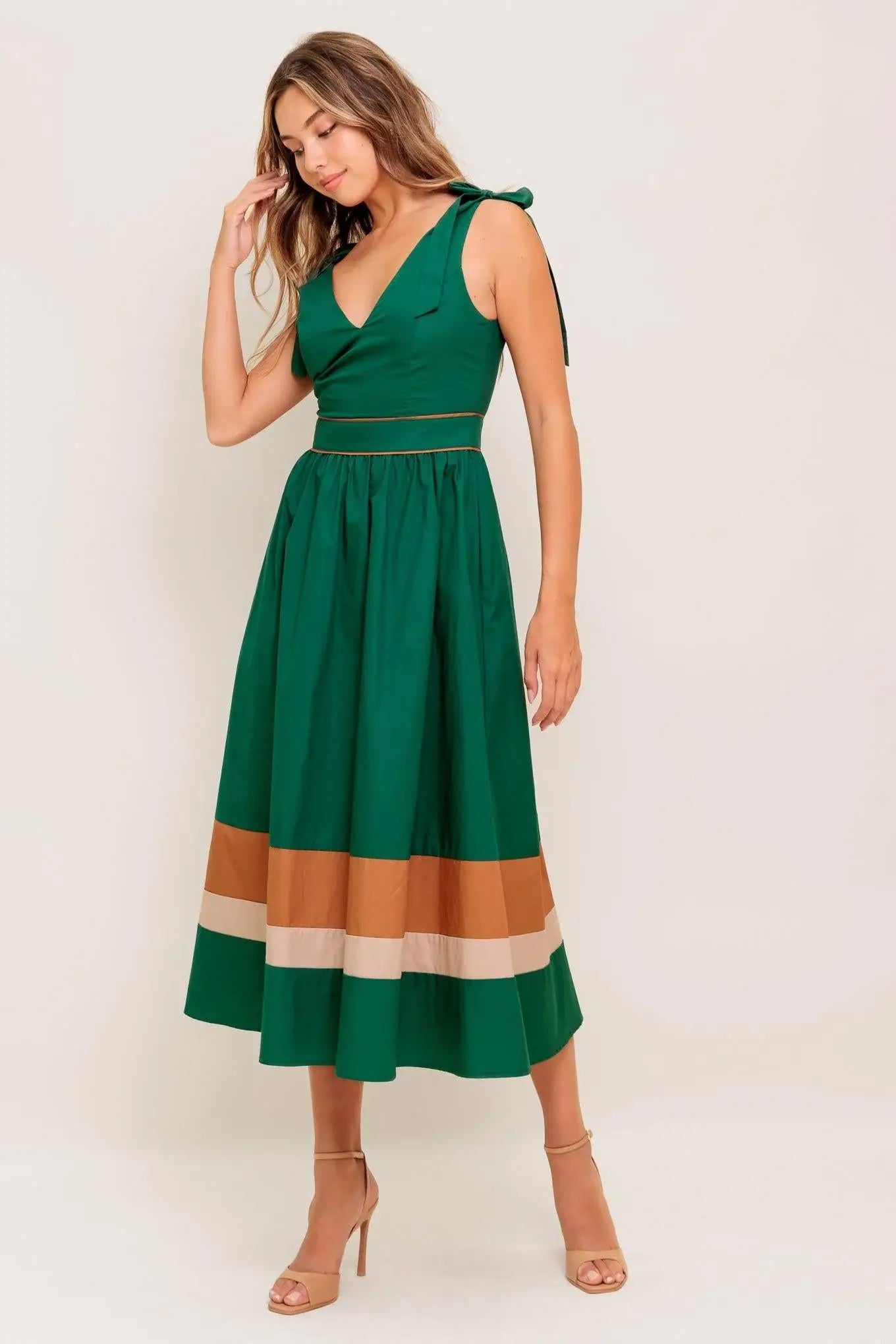 FOREST CHARM WOVEN COLOR BLOCKED MIDI DRESS - Flying Tomato - Flyclothing LLC