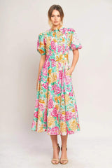 BLOOMING GARDEN WOVEN MIDI DRESS - Flying Tomato - Flyclothing LLC
