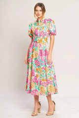 BLOOMING GARDEN WOVEN MIDI DRESS - Flying Tomato - Flyclothing LLC