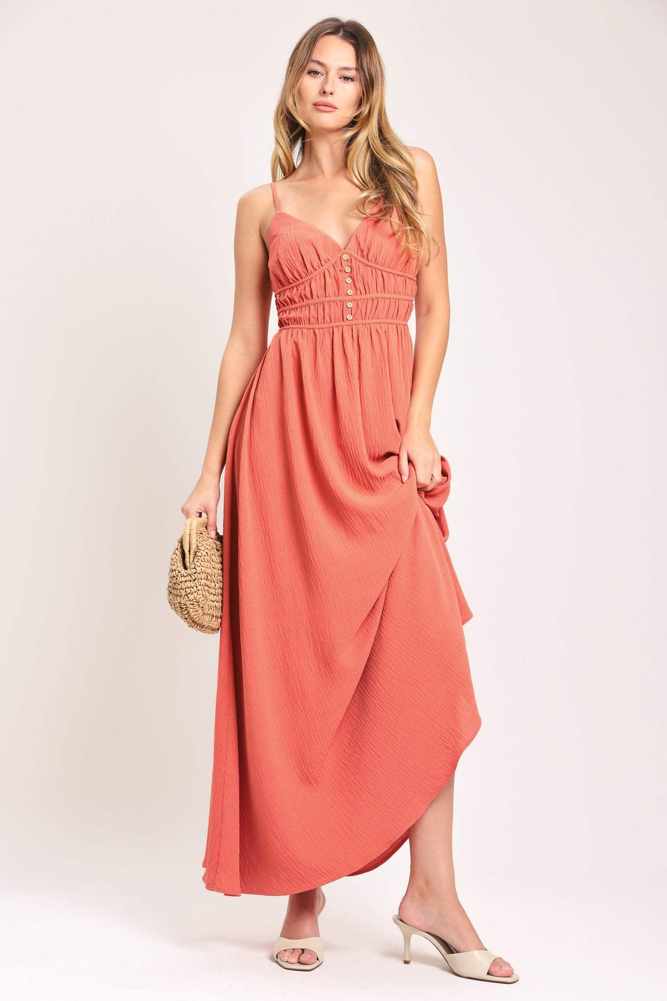 CORAL BLOSSOM WOVEN MAXI DRESS - Flying Tomato - Flyclothing LLC