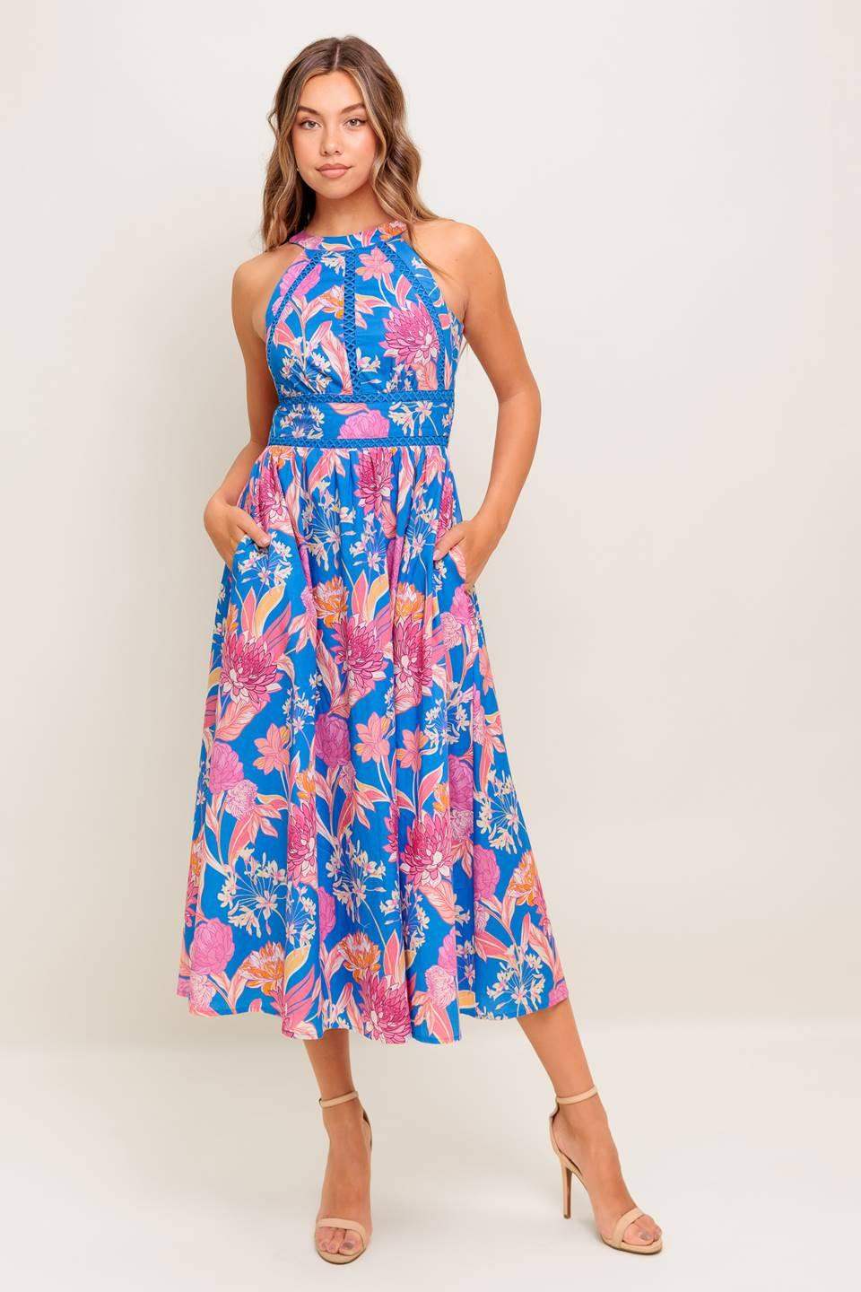 SUN-KISSED FLOWER WOVEN MIDI DRESS - Flying Tomato - Flyclothing LLC