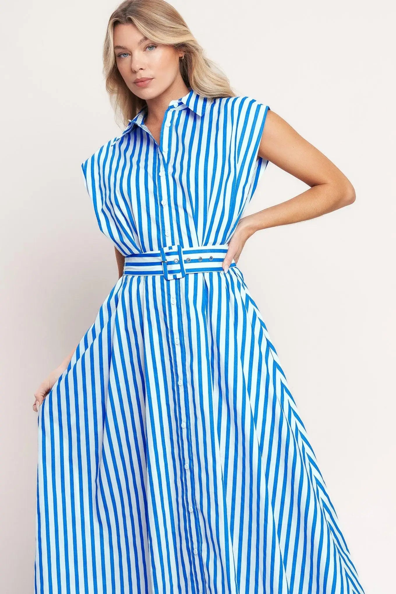 BISTRO STRIPE WOVEN MIDI DRESS - Flying Tomato - Flyclothing LLC