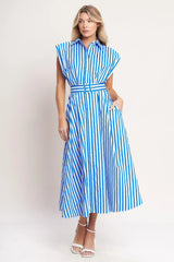 BISTRO STRIPE WOVEN MIDI DRESS - Flying Tomato - Flyclothing LLC