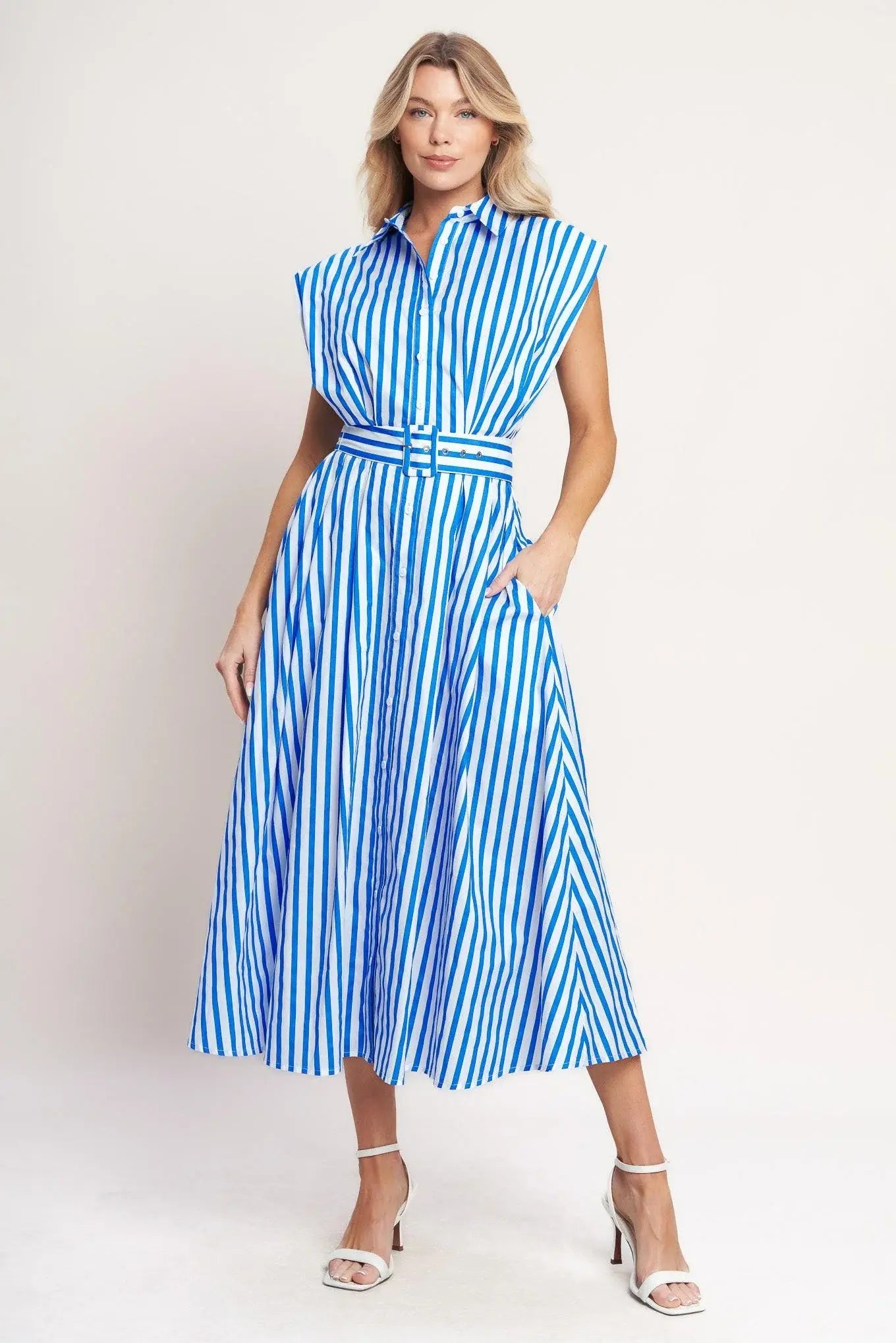 BISTRO STRIPE WOVEN MIDI DRESS - Flying Tomato - Flyclothing LLC