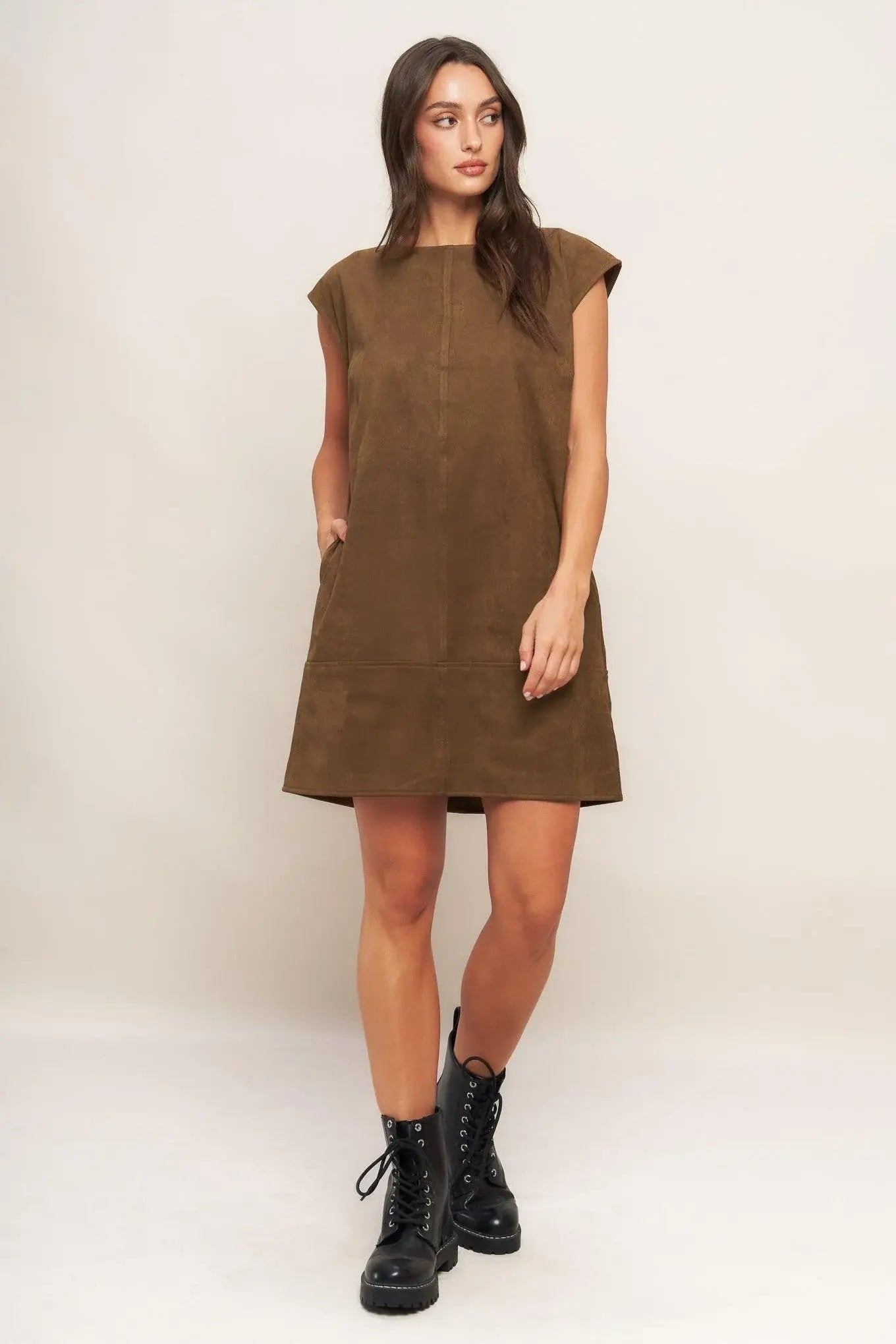 QUIET LUXURY EDGE FAUX SUEDE MIDI SHIFT DRESS - Flying Tomato - Flyclothing LLC