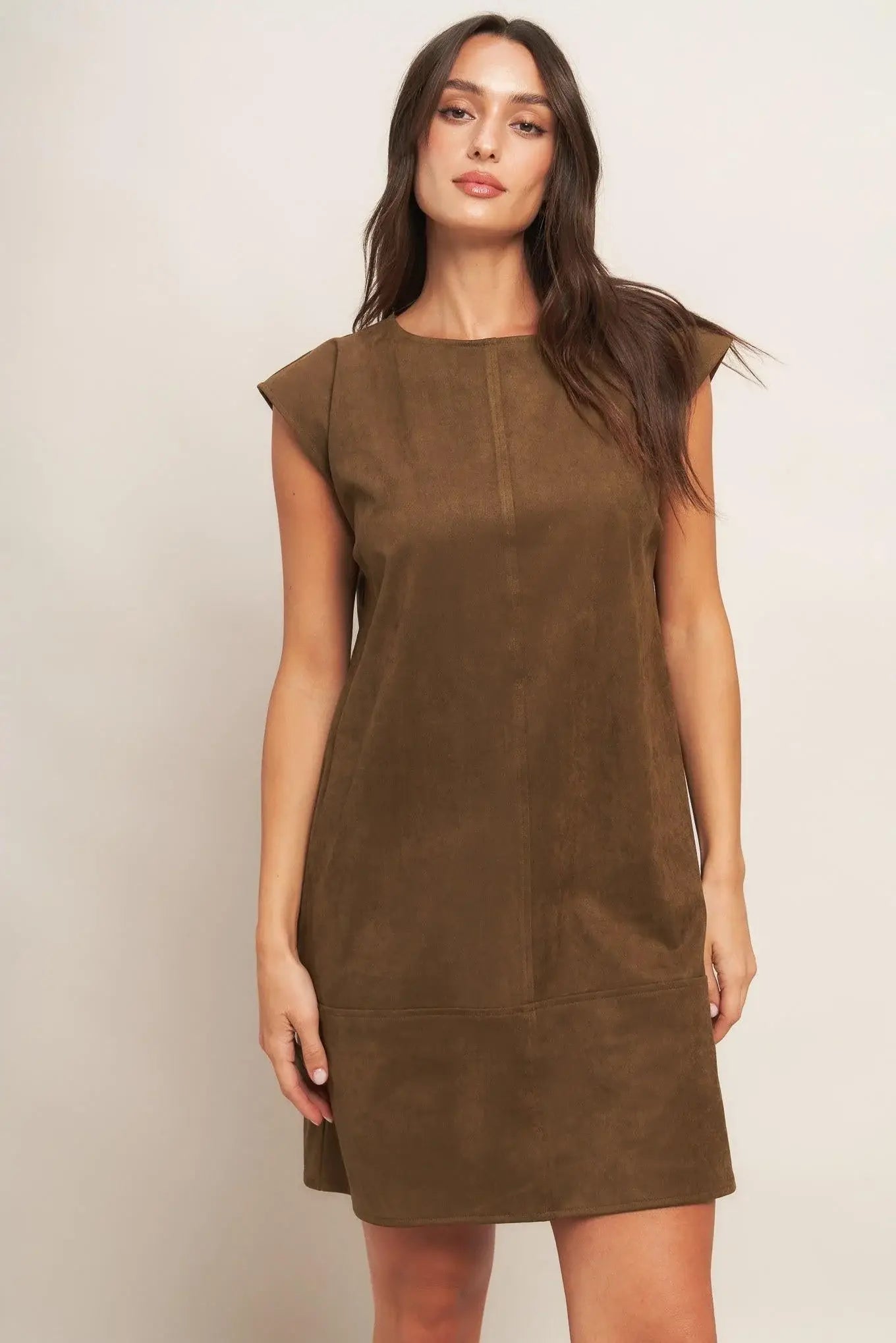 QUIET LUXURY EDGE FAUX SUEDE MIDI SHIFT DRESS - Flying Tomato - Flyclothing LLC