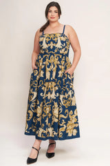 IMPERIAL BLOOM BLUE WOVEN MIDI DRESS - Flying Tomato - Flyclothing LLC