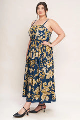 IMPERIAL BLOOM BLUE WOVEN MIDI DRESS - Flying Tomato - Flyclothing LLC