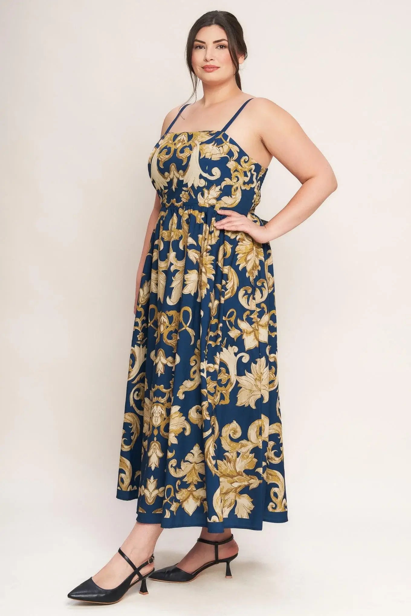 IMPERIAL BLOOM BLUE WOVEN MIDI DRESS - Flying Tomato - Flyclothing LLC