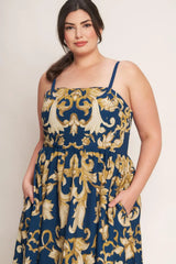 IMPERIAL BLOOM BLUE WOVEN MIDI DRESS - Flying Tomato - Flyclothing LLC
