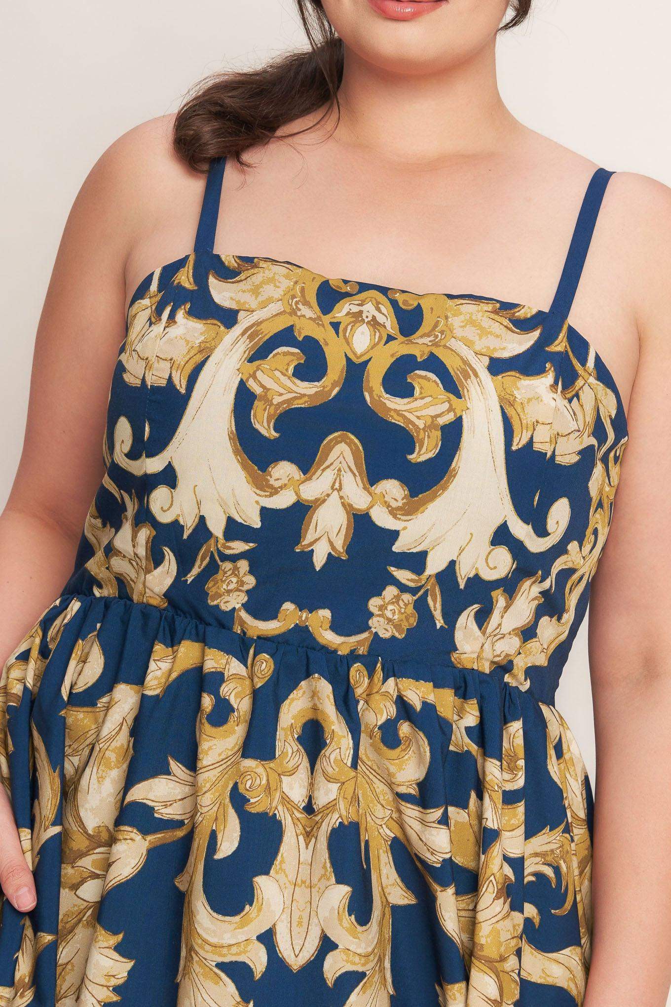 IMPERIAL BLOOM BLUE WOVEN MIDI DRESS - Flying Tomato - Flyclothing LLC