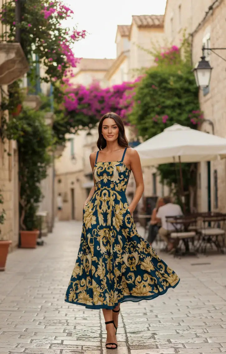IMPERIAL BLOOM BLUE WOVEN MIDI DRESS - Flying Tomato - Flyclothing LLC