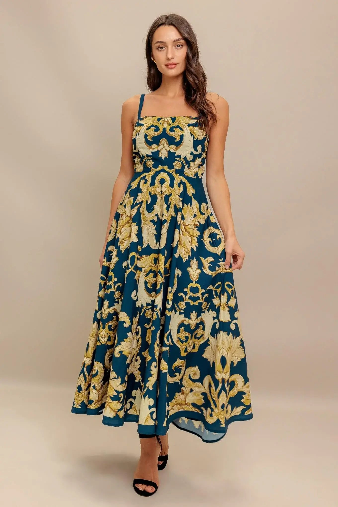 IMPERIAL BLOOM BLUE WOVEN MIDI DRESS - Flying Tomato - Flyclothing LLC