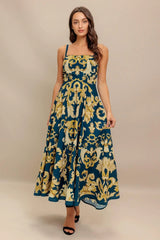 IMPERIAL BLOOM BLUE WOVEN MIDI DRESS - Flying Tomato - Flyclothing LLC